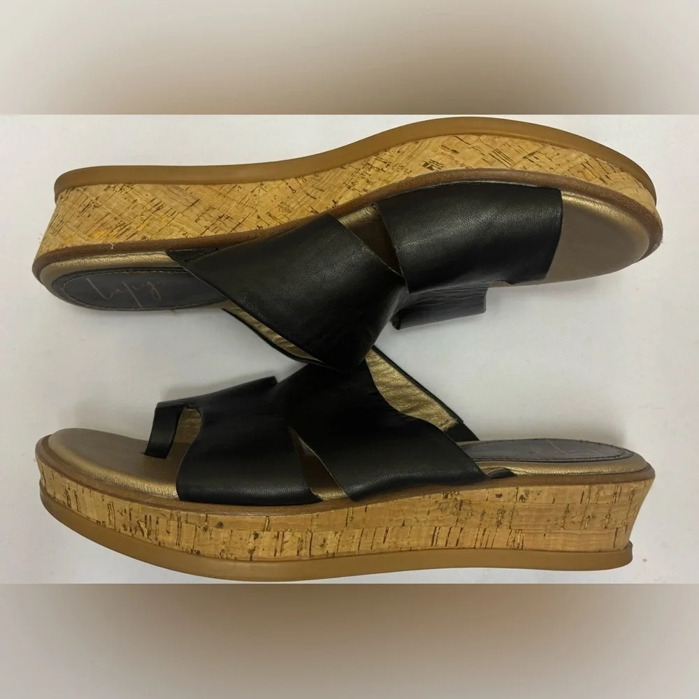 Latigo Women's Black Leather Karen Cork Platform Wedge Wrap Slide Sandals Size 7